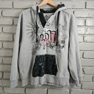 Disney Parks 2011 Mickey Mouse Hoodie Gray Henley Pullover Sweatshirt Mens L